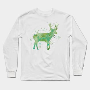 Green Deer Watercolor Painting Long Sleeve T-Shirt